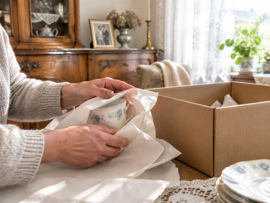 Porzellan wird bei einer Haushaltsauflösung sorgfältig eingepackt