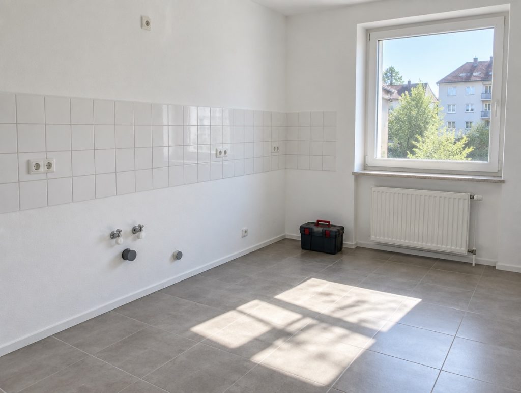Küche nach dem Ausbau, gereinigt für die Übergabe