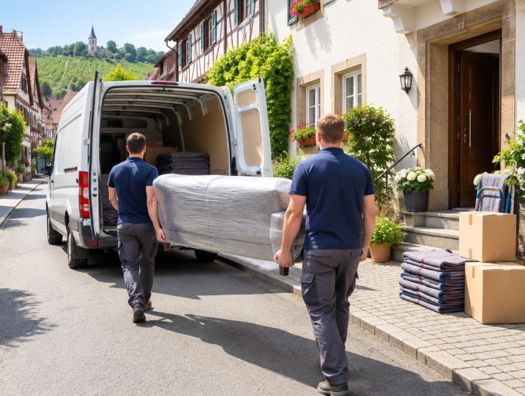 Umzugshelfer tragen ein Sofa zum Transporter